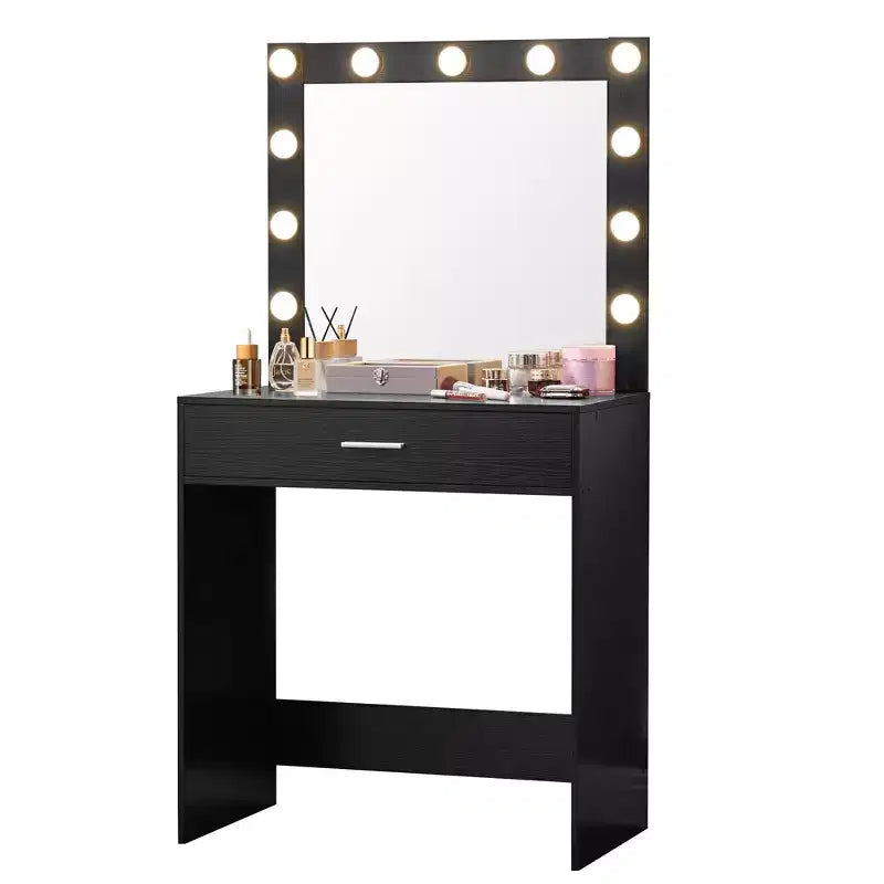 Coiffeuse Okak avec tiroirs spacieux et lumières, ensemble tabouret de coiffeuse avec compartiment de rangement et éclairage à luminosité réglable sur 3 niveaux, noir