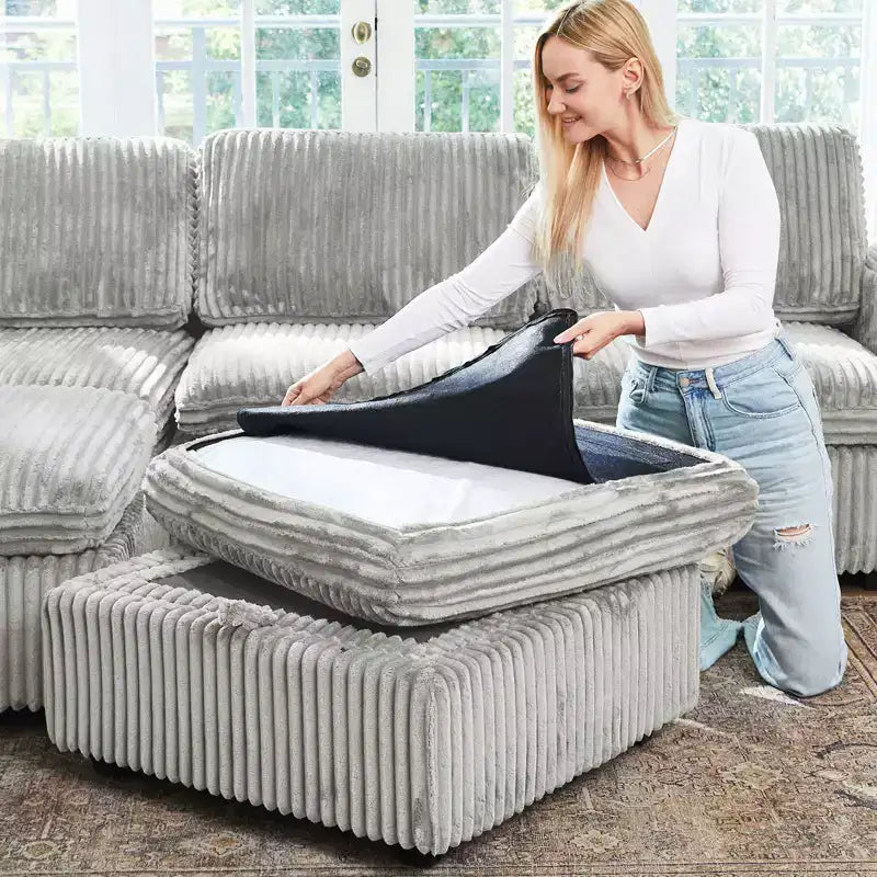 Canapé d'angle modulable 6 places en velours côtelé en forme de U Belffin - Avec pouf de rangement et design convertible