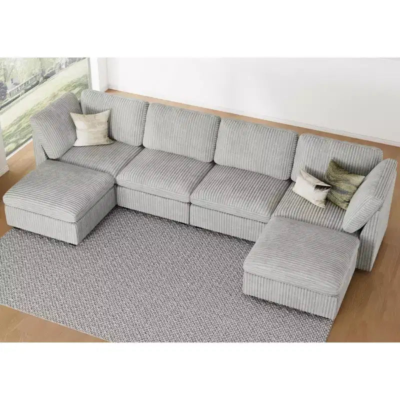 Canapé d'angle modulable 6 places en velours côtelé en forme de U Belffin - Avec pouf de rangement et design convertible