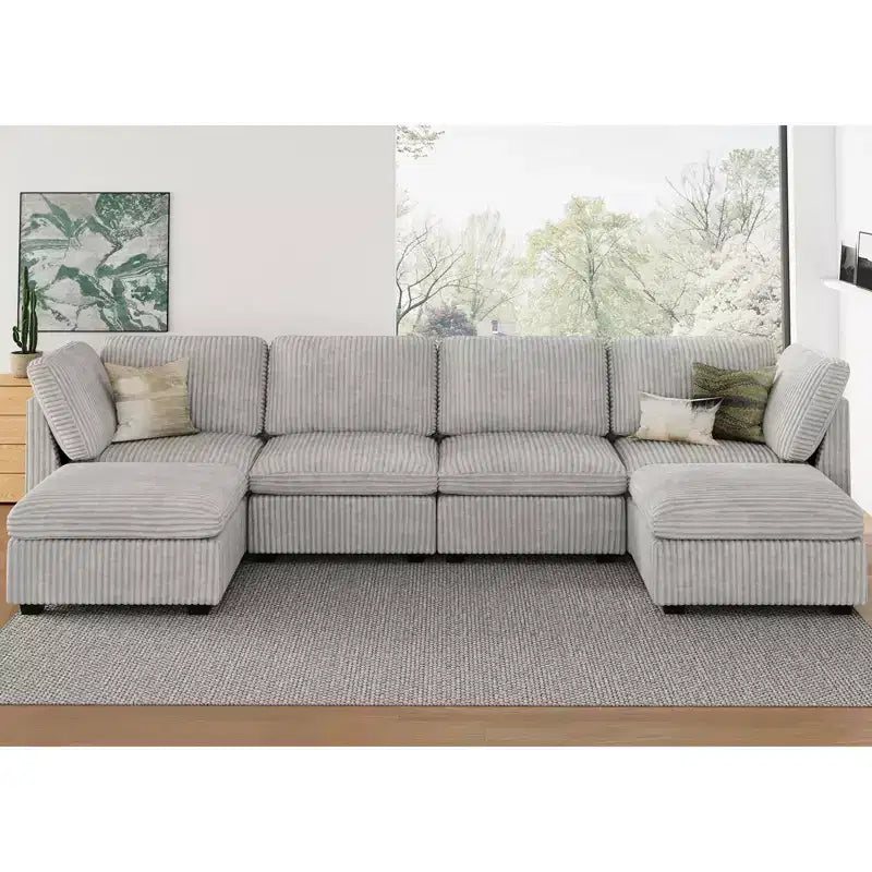 Canapé d'angle modulable 6 places en velours côtelé en forme de U Belffin - Avec pouf de rangement et design convertible