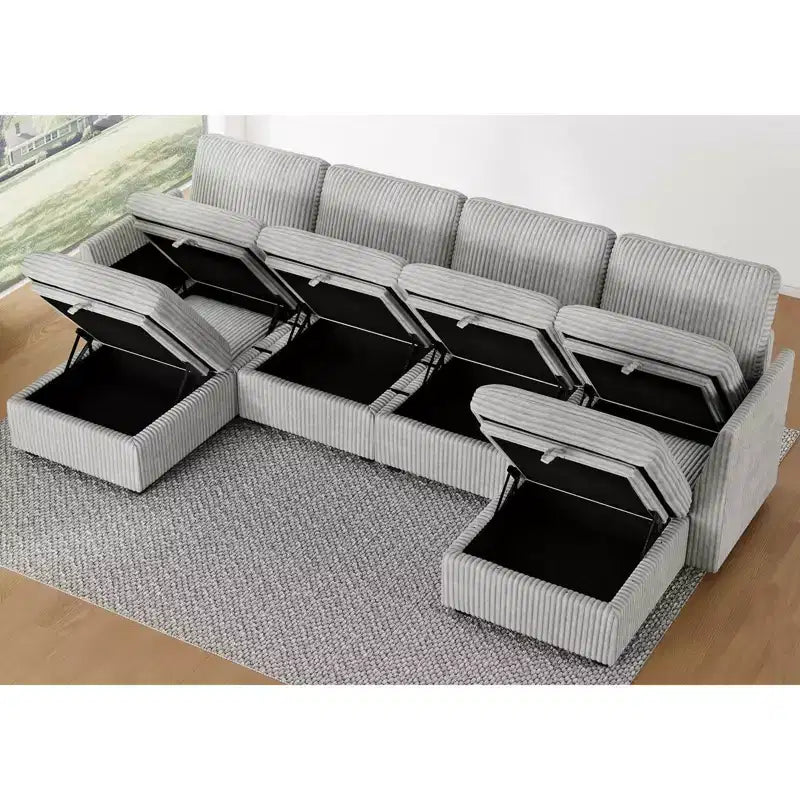 Canapé d'angle modulable 6 places en velours côtelé en forme de U Belffin - Avec pouf de rangement et design convertible