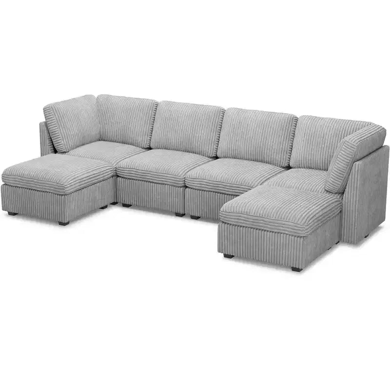 Canapé d'angle modulable 6 places en velours côtelé en forme de U Belffin - Avec pouf de rangement et design convertible
