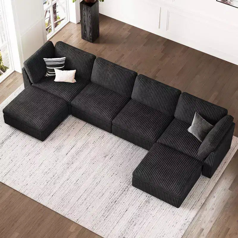 Canapé d'angle modulable 6 places en velours côtelé en forme de U Belffin - Avec pouf de rangement et design convertible
