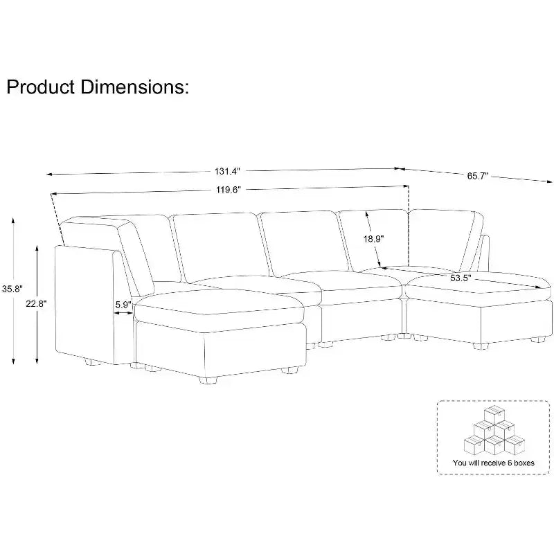 Canapé d'angle modulable 6 places en velours côtelé en forme de U Belffin - Avec pouf de rangement et design convertible