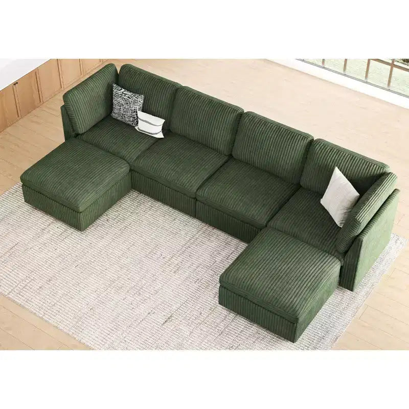 Canapé d'angle modulable 6 places en velours côtelé en forme de U Belffin - Avec pouf de rangement et design convertible