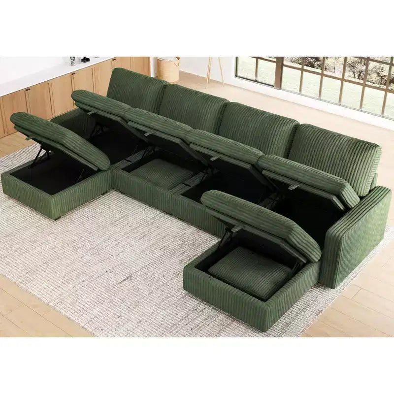 Canapé d'angle modulable 6 places en velours côtelé en forme de U Belffin - Avec pouf de rangement et design convertible