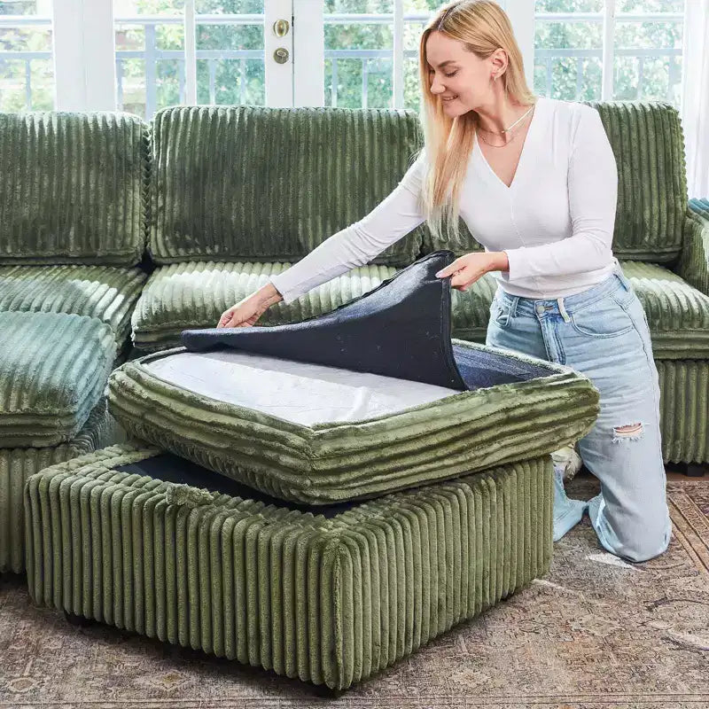 Canapé d'angle modulable 6 places en velours côtelé en forme de U Belffin - Avec pouf de rangement et design convertible