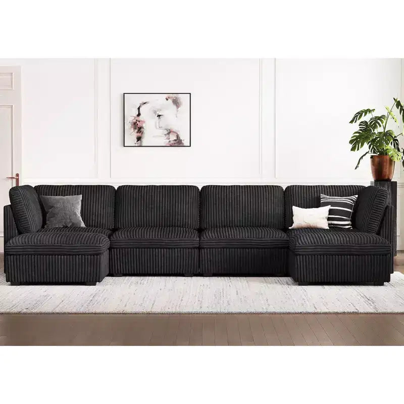 Canapé d'angle modulable 6 places en velours côtelé en forme de U Belffin - Avec pouf de rangement et design convertible