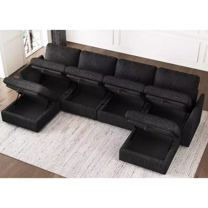 Canapé d'angle modulable 6 places en velours côtelé en forme de U Belffin - Avec pouf de rangement et design convertible