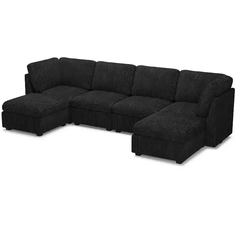 Canapé d'angle modulable 6 places en velours côtelé en forme de U Belffin - Avec pouf de rangement et design convertible