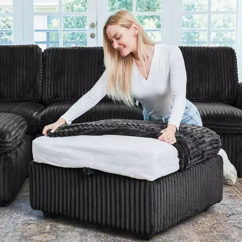 Canapé d'angle modulable 6 places en velours côtelé en forme de U Belffin - Avec pouf de rangement et design convertible