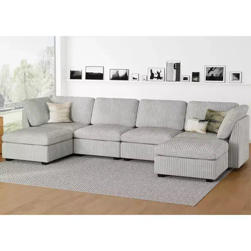 Canapé d'angle modulable 6 places en velours côtelé en forme de U Belffin - Avec pouf de rangement et design convertible