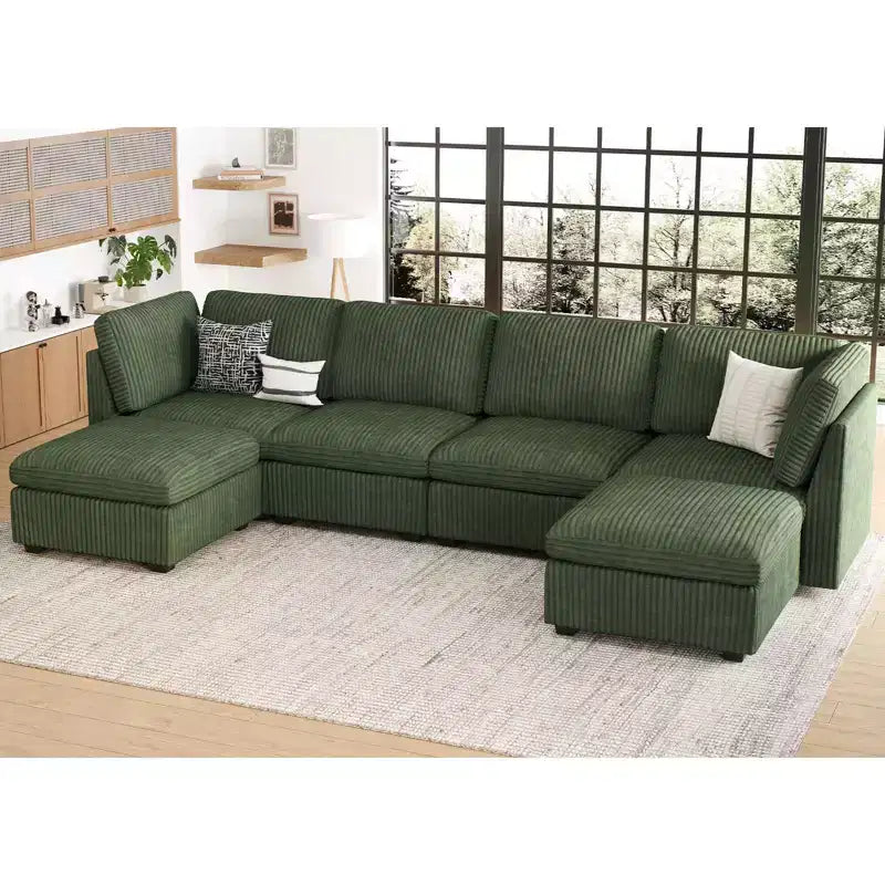 Canapé d'angle modulable 6 places en velours côtelé en forme de U Belffin - Avec pouf de rangement et design convertible