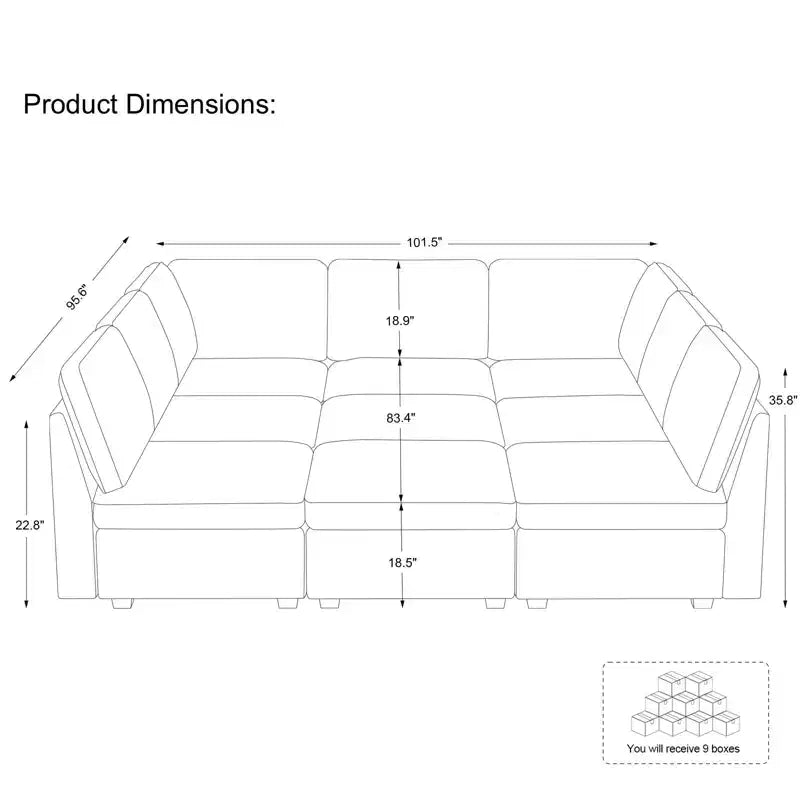 Canapé modulaire convertible Belffin 9 places - Canapé Cloud avec velours côtelé moelleux et rangement pour chaque module
