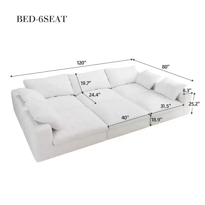 Grand canapé modulable 6 places en plumes, convertible, pour salon d'appartement 120