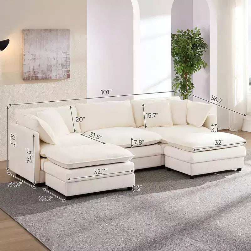 Mjkone Canapé modulable d'angle en U 256 cm, canapé nuage 5 places avec 2 poufs, canapé-lit moderne en chenille avec assise profonde