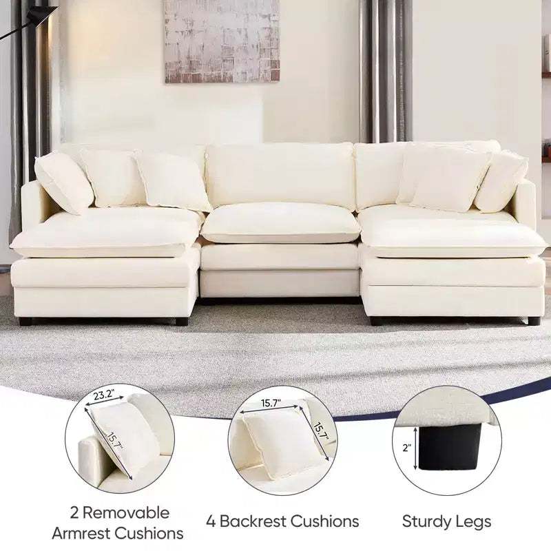 Mjkone Canapé modulable d'angle en U 256 cm, canapé nuage 5 places avec 2 poufs, canapé-lit moderne en chenille avec assise profonde