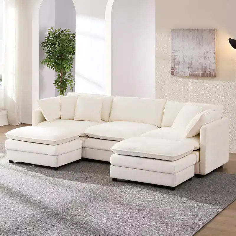 Mjkone Canapé modulable d'angle en U 256 cm, canapé nuage 5 places avec 2 poufs, canapé-lit moderne en chenille avec assise profonde