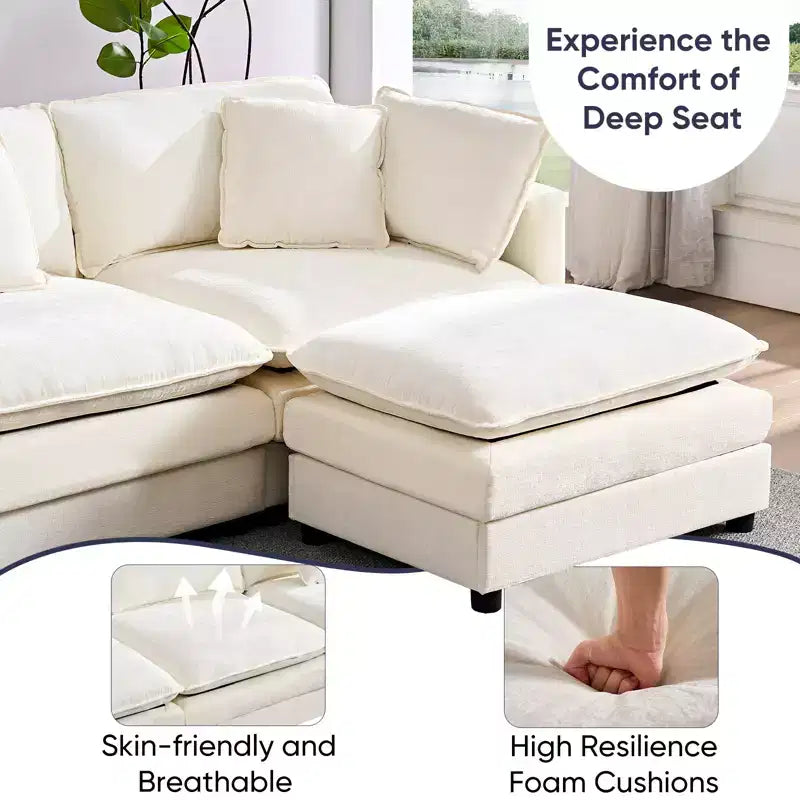 Mjkone Canapé modulable d'angle en U 256 cm, canapé nuage 5 places avec 2 poufs, canapé-lit moderne en chenille avec assise profonde