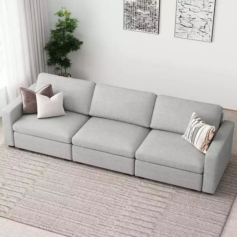 Canapé d'angle modulable 3 places en chenille Belffin – avec pouf de rangement et assise très profonde