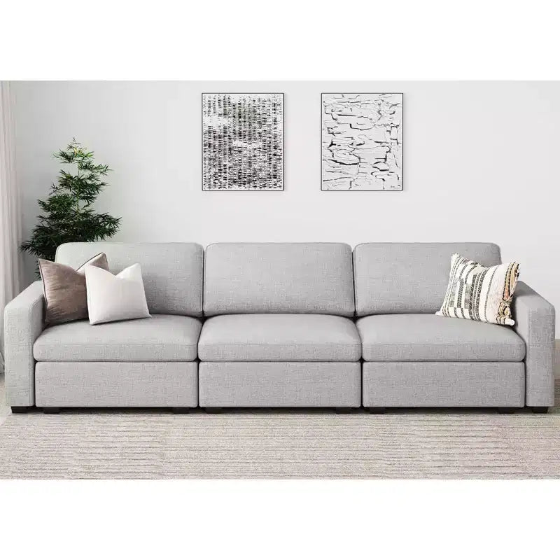 Canapé d'angle modulable 3 places en chenille Belffin – avec pouf de rangement et assise très profonde