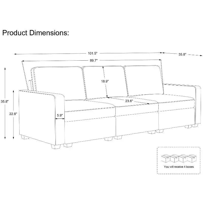 Canapé d'angle modulable 3 places en chenille Belffin – avec pouf de rangement et assise très profonde