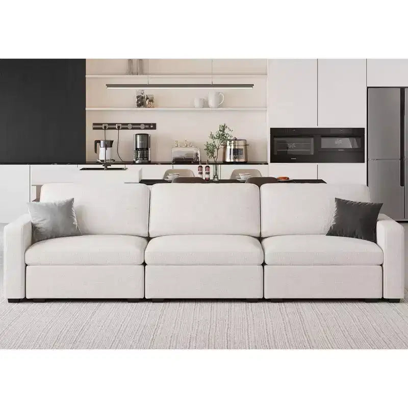 Canapé d'angle modulable 3 places en chenille Belffin – avec pouf de rangement et assise très profonde