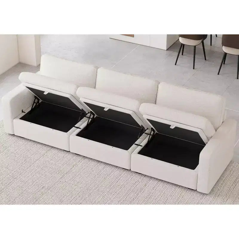 Canapé d'angle modulable 3 places en chenille Belffin – avec pouf de rangement et assise très profonde