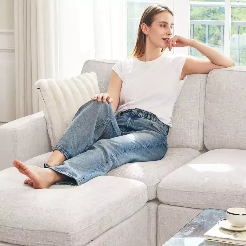 Canapé d'angle modulable 3 places en chenille Belffin – avec pouf de rangement et assise très profonde