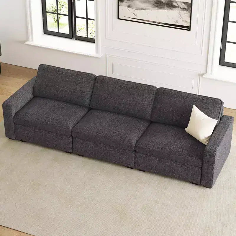 Canapé d'angle modulable 3 places en chenille Belffin – avec pouf de rangement et assise très profonde