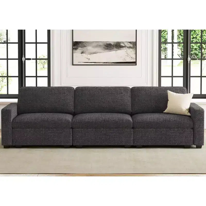 Canapé d'angle modulable 3 places en chenille Belffin – avec pouf de rangement et assise très profonde
