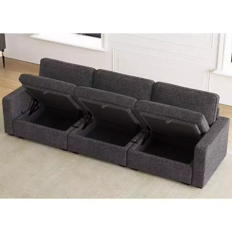 Canapé d'angle modulable 3 places en chenille Belffin – avec pouf de rangement et assise très profonde