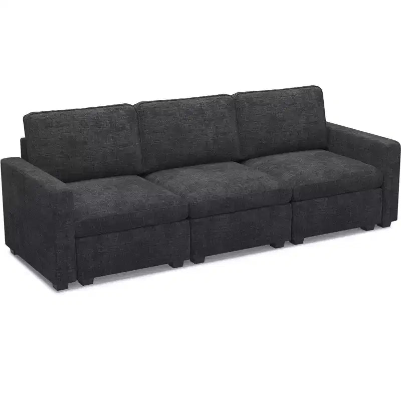 Canapé d'angle modulable 3 places en chenille Belffin – avec pouf de rangement et assise très profonde