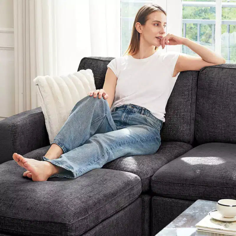 Canapé d'angle modulable 3 places en chenille Belffin – avec pouf de rangement et assise très profonde