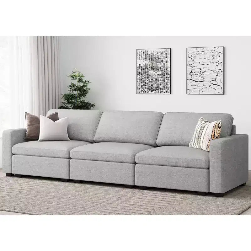 Canapé d'angle modulable 3 places en chenille Belffin – avec pouf de rangement et assise très profonde