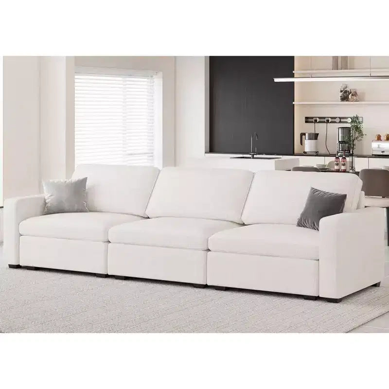 Canapé d'angle modulable 3 places en chenille Belffin – avec pouf de rangement et assise très profonde