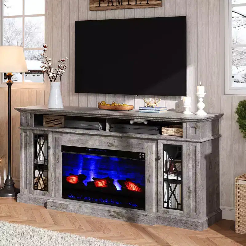 Meuble TV de cheminée rustique AMERLIFE avec cheminée électrique de 33 po, pour téléviseurs jusqu'à 80 po