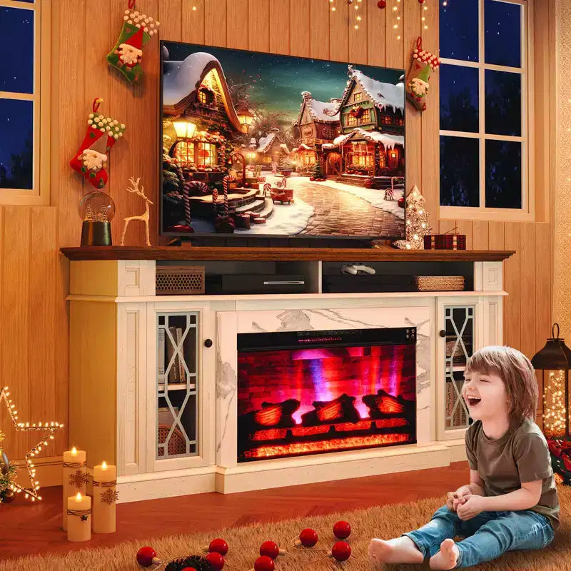 Meuble TV de cheminée rustique AMERLIFE avec cheminée électrique de 33 po, pour téléviseurs jusqu'à 80 po