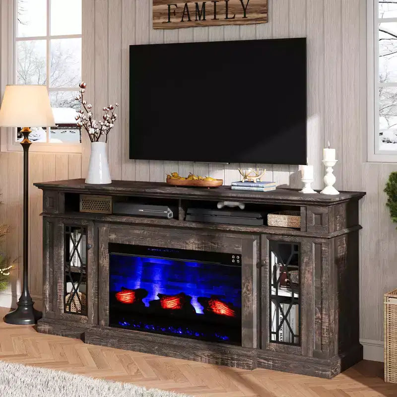 Meuble TV de cheminée rustique AMERLIFE avec cheminée électrique de 33 po, pour téléviseurs jusqu'à 80 po