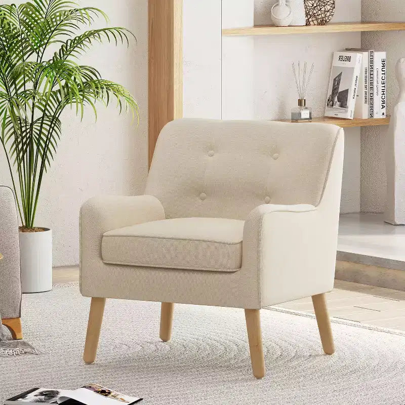 Okak Modern Mid-Century Accent Chairs for Bedroom, Tufted Fabric Accent Chair with Solid Wood Legs for Living Room
