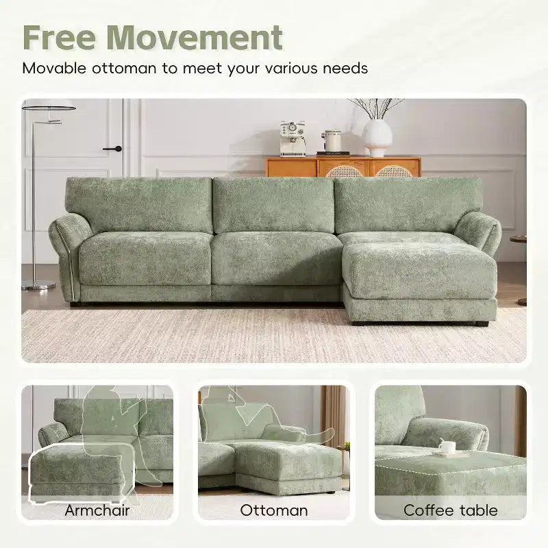 Canapé modulable avec ports USB, canapé 6/4 places rembourré en chenille avec accoudoirs pétale et poufs - ModernLuxe