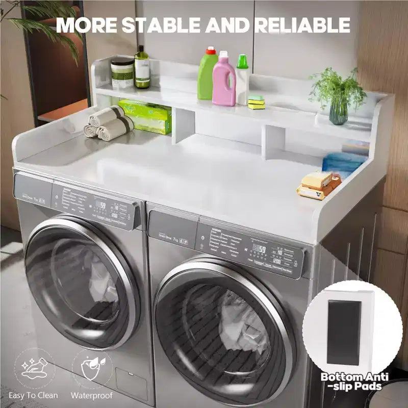 Plan de travail pour lave-linge séchant, plan de travail pour buanderie avec étagère de rangement à 2 niveaux et rebords, protection supérieure pour lave-linge et sèche-linge