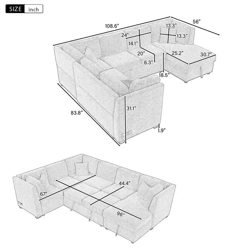 Whisen 108.6 Lit de Sectionnel en U avec Ports USB, Prises de Courant et Rangement