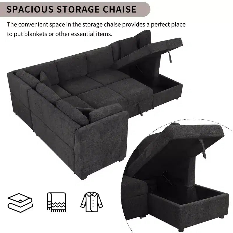 Whisen 108.6 Lit de Sectionnel en U avec Ports USB, Prises de Courant et Rangement