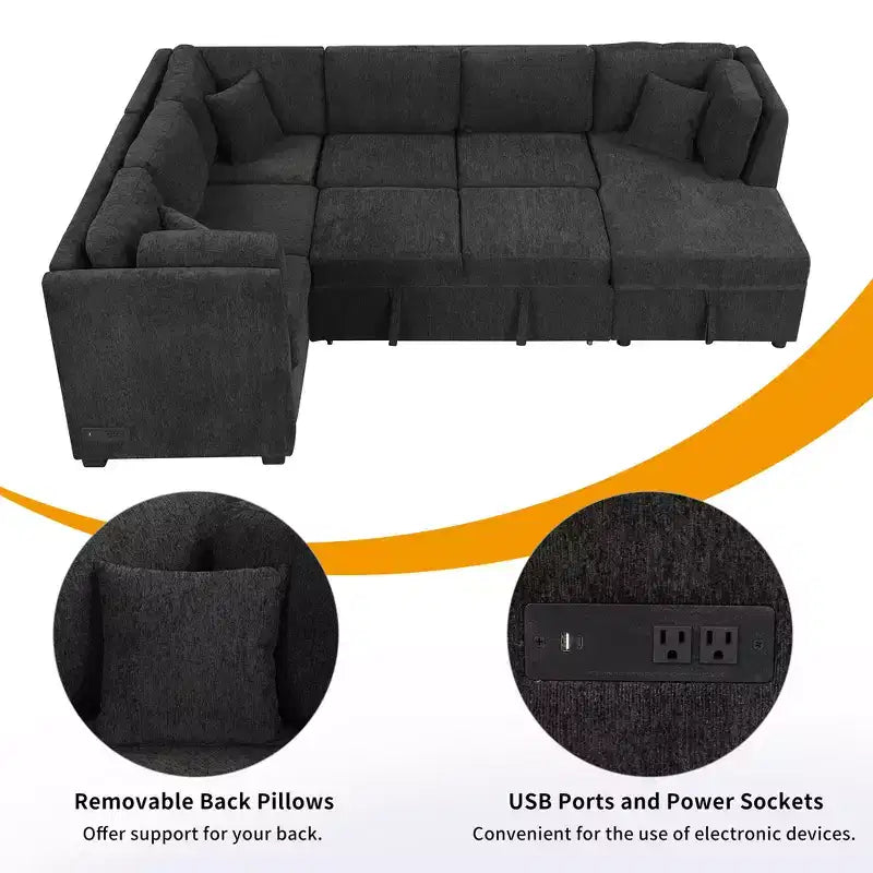 Whisen 108.6 Lit de Sectionnel en U avec Ports USB, Prises de Courant et Rangement
