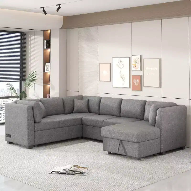 Whisen 108.6 Lit de Sectionnel en U avec Ports USB, Prises de Courant et Rangement