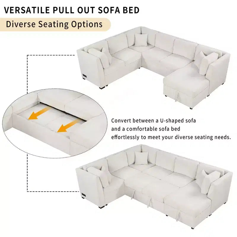 Whisen 108.6 Lit de Sectionnel en U avec Ports USB, Prises de Courant et Rangement