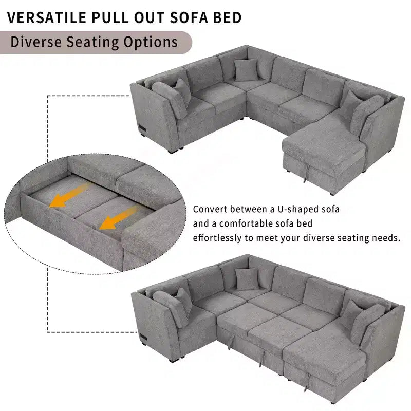 Whisen 108.6 Lit de Sectionnel en U avec Ports USB, Prises de Courant et Rangement