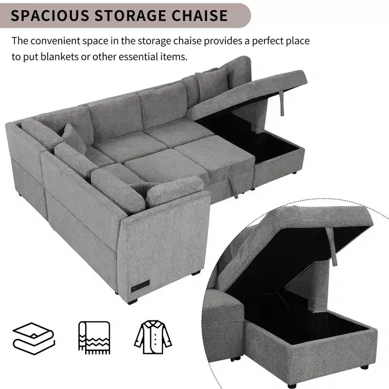 Whisen 108.6 Lit de Sectionnel en U avec Ports USB, Prises de Courant et Rangement