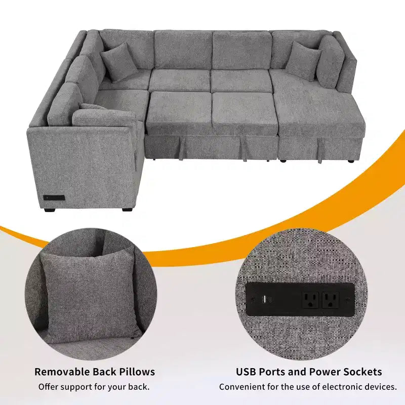 Whisen 108.6 Lit de Sectionnel en U avec Ports USB, Prises de Courant et Rangement